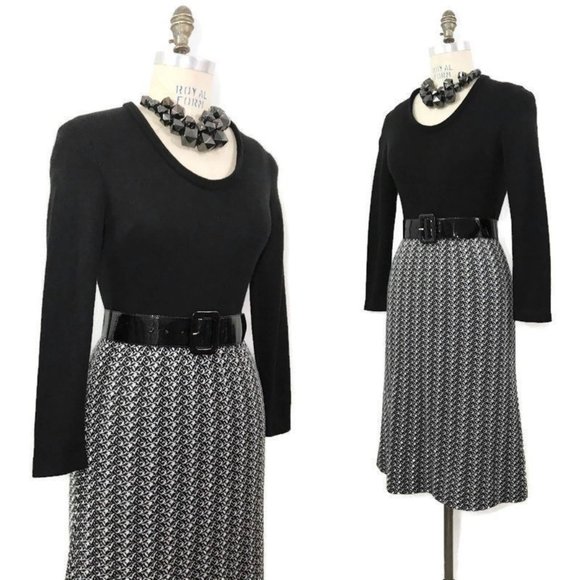Vintage 70s Frank Usher Dress Black White Knit Dress - Picture 3 of 9